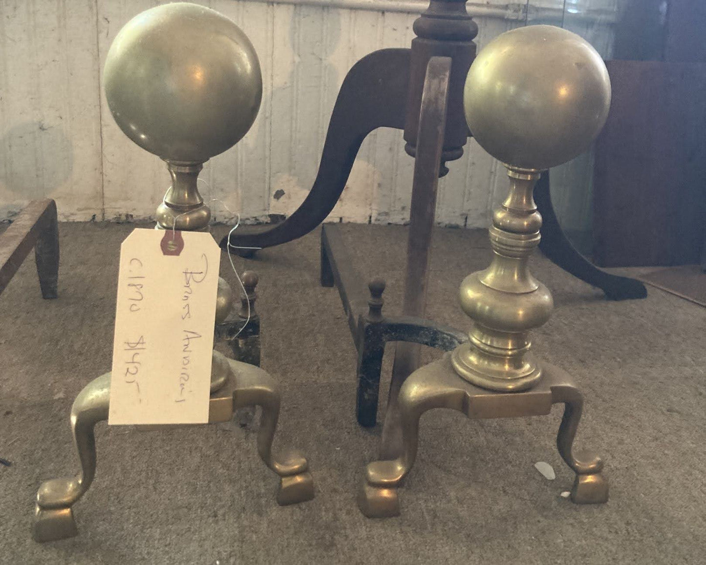 Brass Andirons With Spherical Tops